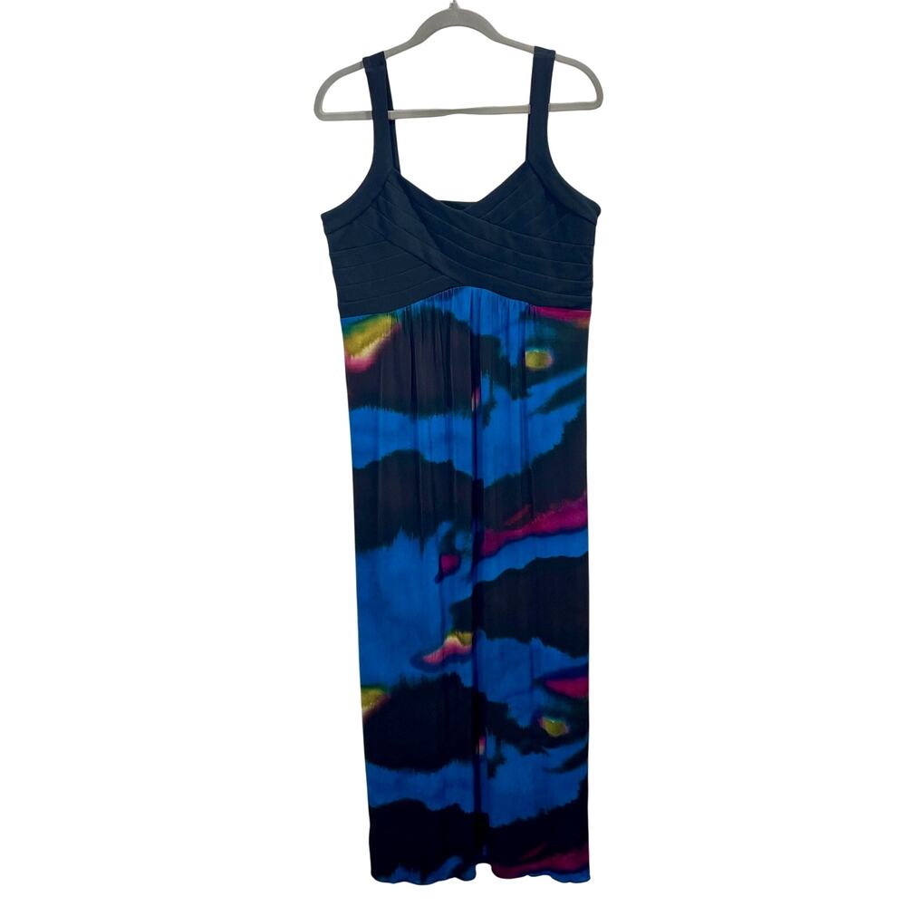 Vintage Y2K Maxi Dress Black Sleeveless Ruched bodice Blue Arsty Boho Chic
